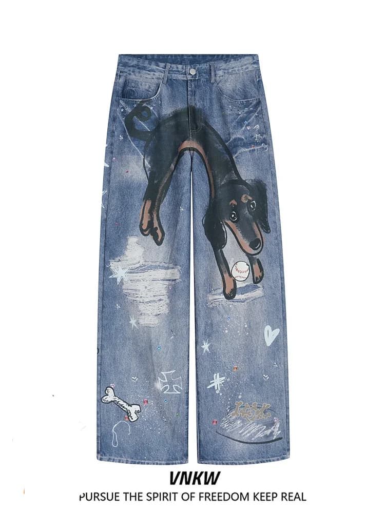 Jeans in denim dipinti a mano per uomo e donna, a gamba dritta ampia, casual, autunno inverno, pantaloni lunghi drappeggiati da lavoro...