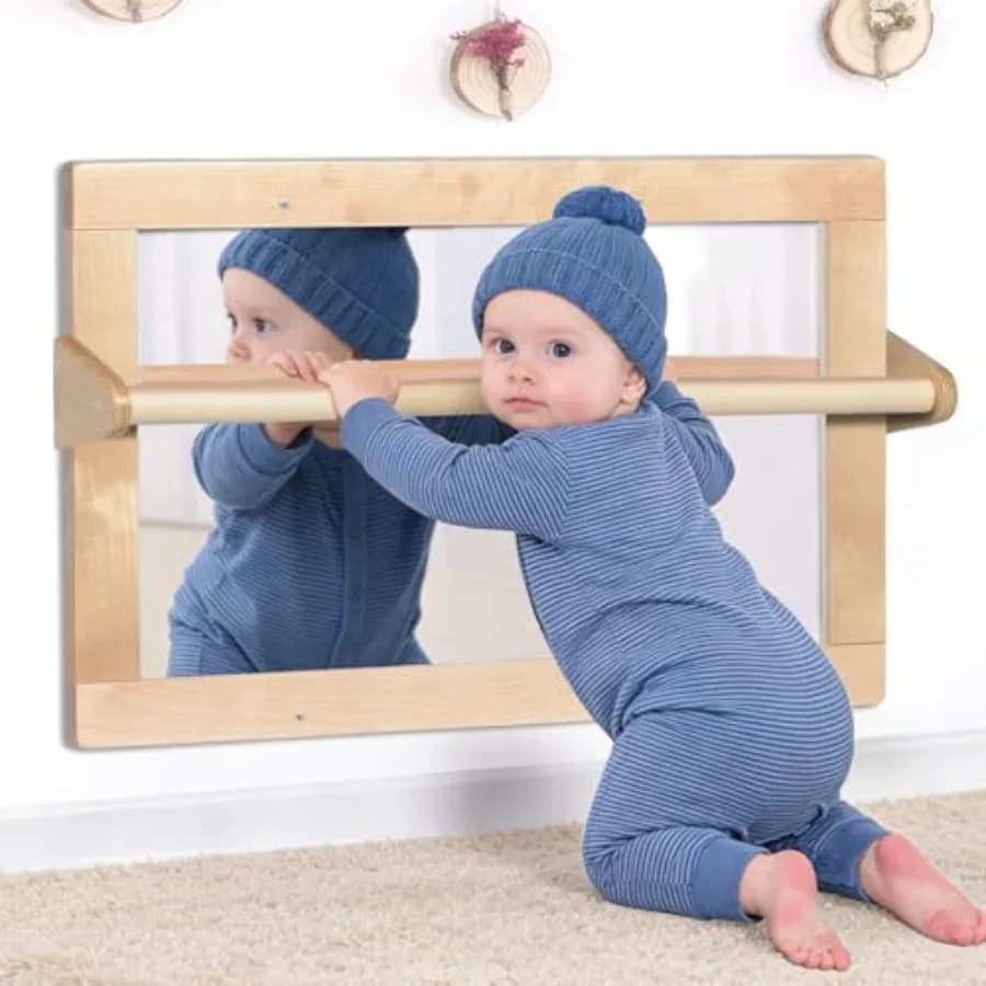Safety mirror in wood Montessori for babies with 2 traction bars, small mirror for children's coordination from 6-18 months, natural