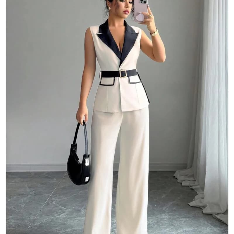 Completo da Donna con Gilet e Pantaloni a Gamba Larga, Set 2 Pezzi con Giacca Senza Maniche, Cintura in Vita, Outfit Elegante da Ufficio