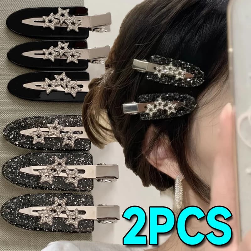 Fermagli per capelli Y2K con strass a stella, senza cuciture, per donna, neri e grigi, fermagli scorrevoli per frangia, accessori moda per capelli