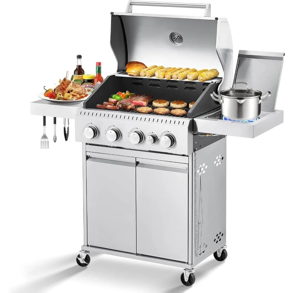 Griglia a Gas Propano a 4 Bruciatori in Acciaio Inox con Griglie in Ghisa e Fornello Laterale per Cucina all'Aperto, Patio e Campeggio