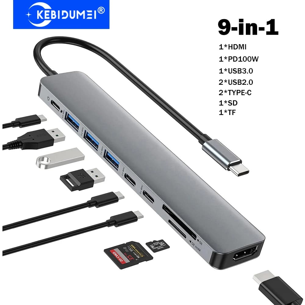 KEBIDUMEI Hub USB 3.0 9-in-1, Trasmissione 5Gbps, Docking Station USB C, Adattatore USB HUB TYPE-C a 4K HDMI, Splitter USB per Laptop
