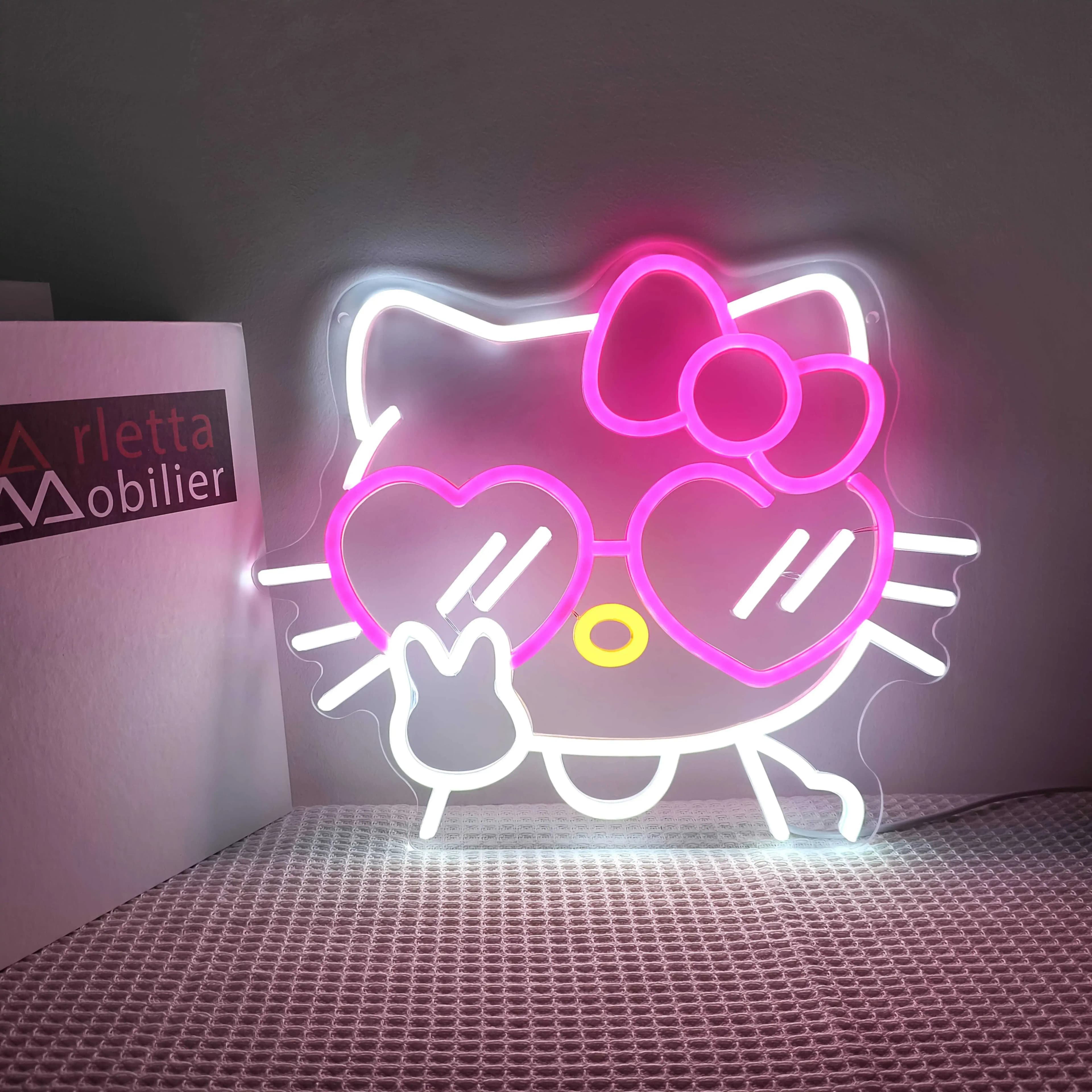 Insegna LED Neon Hello Kitty, Luce Notturna Cartoon per Camera da Letto, Stanza dei Bambini, Decorazione Casa, Regalo di Compleanno o San Valentino, Illuminazione Romantica Luminosa