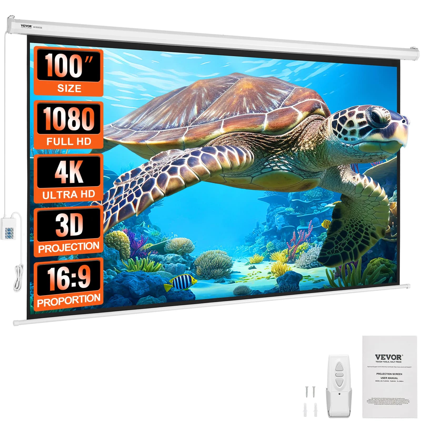 SucceBuy Schermo per proiettore elettrico motorizzato 100in16:9 4K 1080 HD Schermo per film con montaggio a parete per cinema in famiglia Home Office
