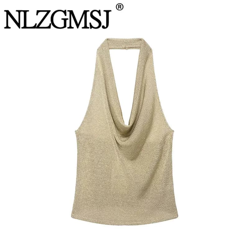 Nlzgmsj 2026 Summer Women's Metallic Halter Knit Top Cowl Neck Backless Sleeveless Knitted Blouse Casual Party Y2K Streetwear To
