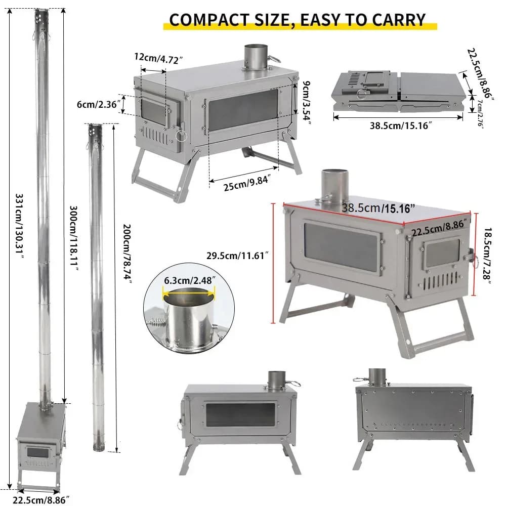 Stainless steel folding stove with 2.5 m/3 m fireplace, portable outdoor camping, hiking, jungle bike, heating wood stove
