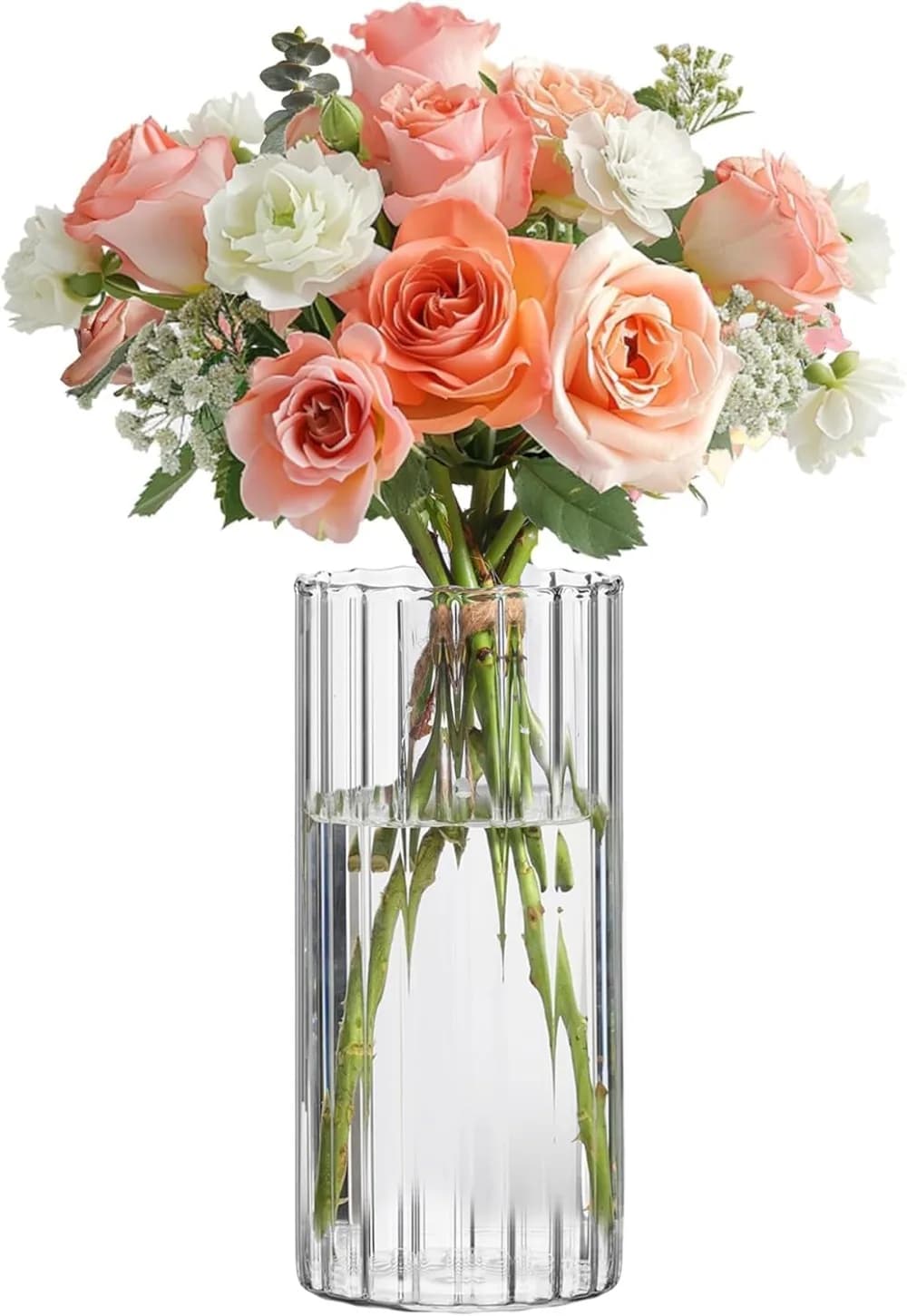 8" high-end cylindrical glass vase, ideal for centerpiece, candles, flowers. Perfect for weddings, home decorations, gifts (Transparent).