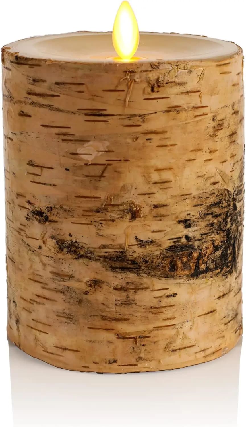 Candela LED Senza Fiamma Avvolta in Vera Corteccia di Betulla, 10 cm x 13,5 cm, Luce a Pilastro con Fiamma Mobile a Batteria e Timer per un'Atmosfera Naturale