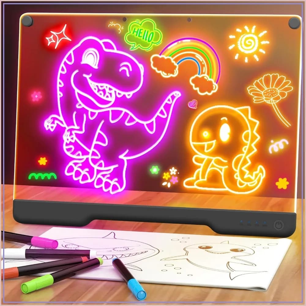 16" Rechargeable LED Drawing Board, 9-Color Light Modes, Neon Art Dry Erase Light Up Doodle Glow Pad with Built-in Stand, Sketching Gift Toy, 7 Markers & Tracing Book