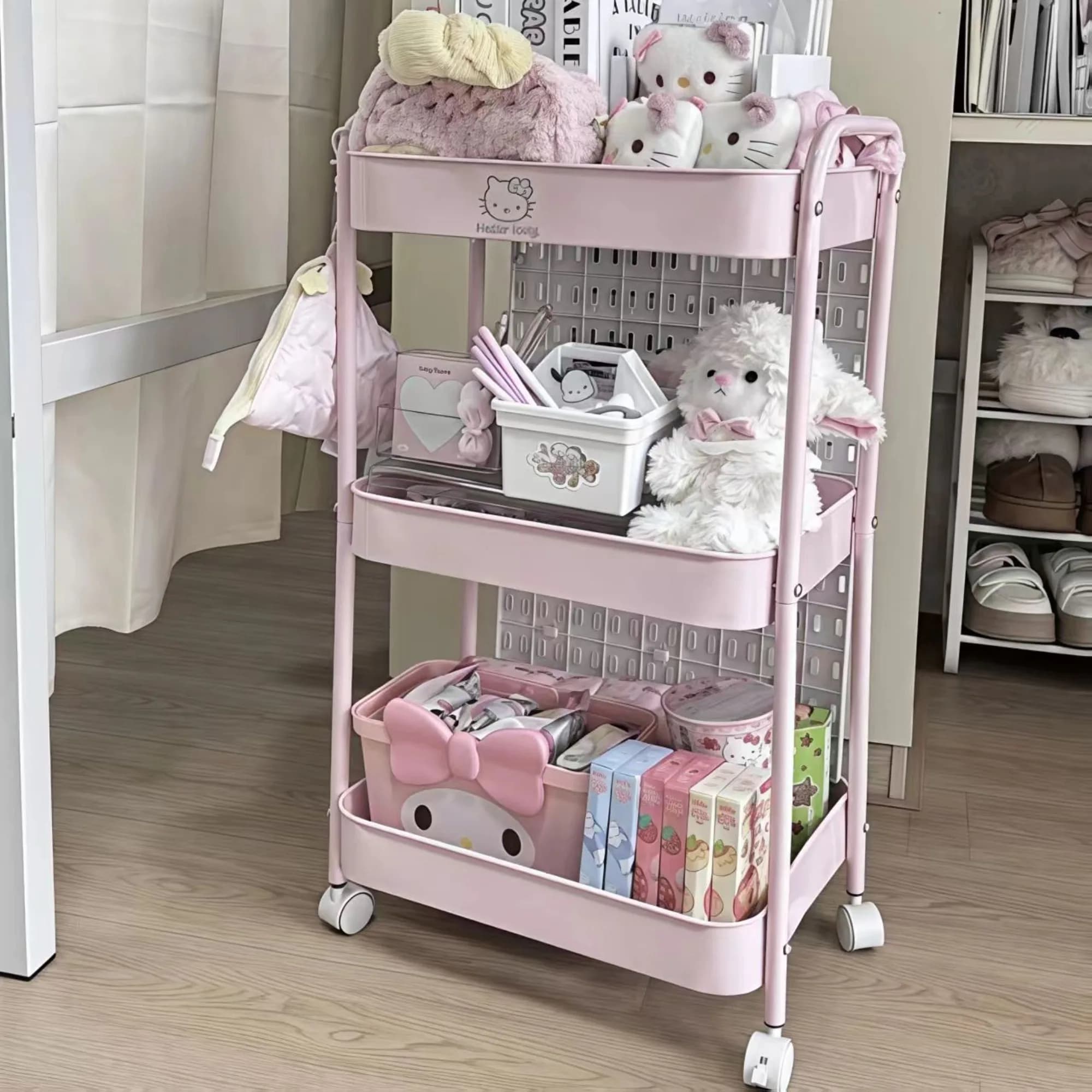 Sanrio Hello Kitty Cosmetics Storage Rack Landing Large Capacity Removable Trolley Storage Rack Multi-layer Makeup Storage Rack