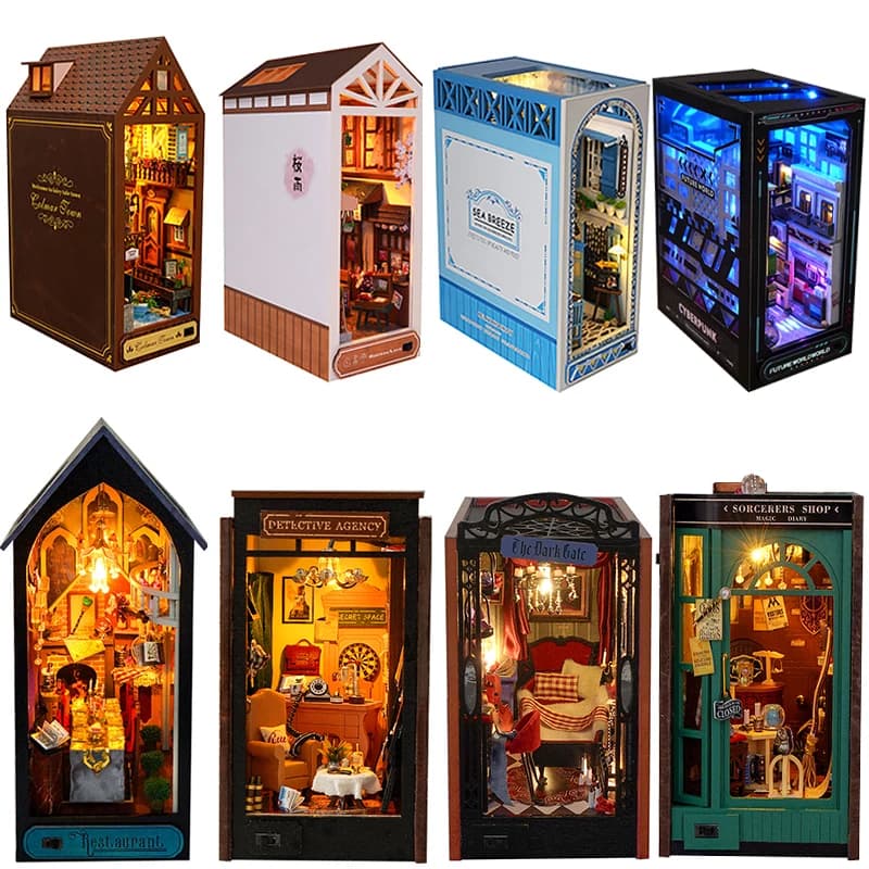 DIY Wooden Book Nook Miniatures Shelf Insert Dollhouse Building Bookshelf Bookend Home Decoration Doll Houses Toys For Xmas Gift