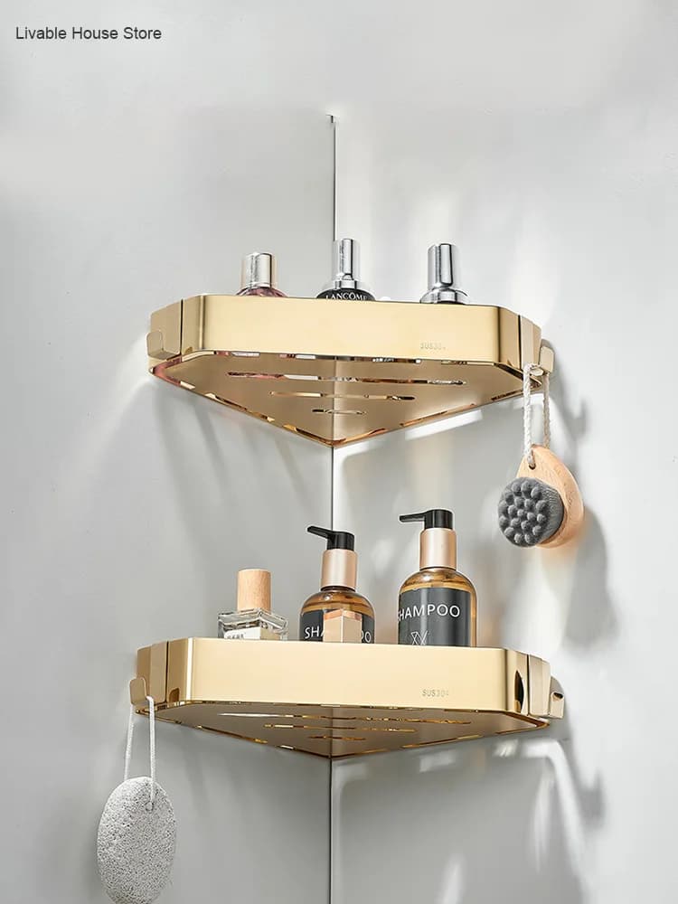 Gold bathroom tripod 304 stainless steel bathroom wall hanging corner storage rack toilet corner storage basket bathroom shelf