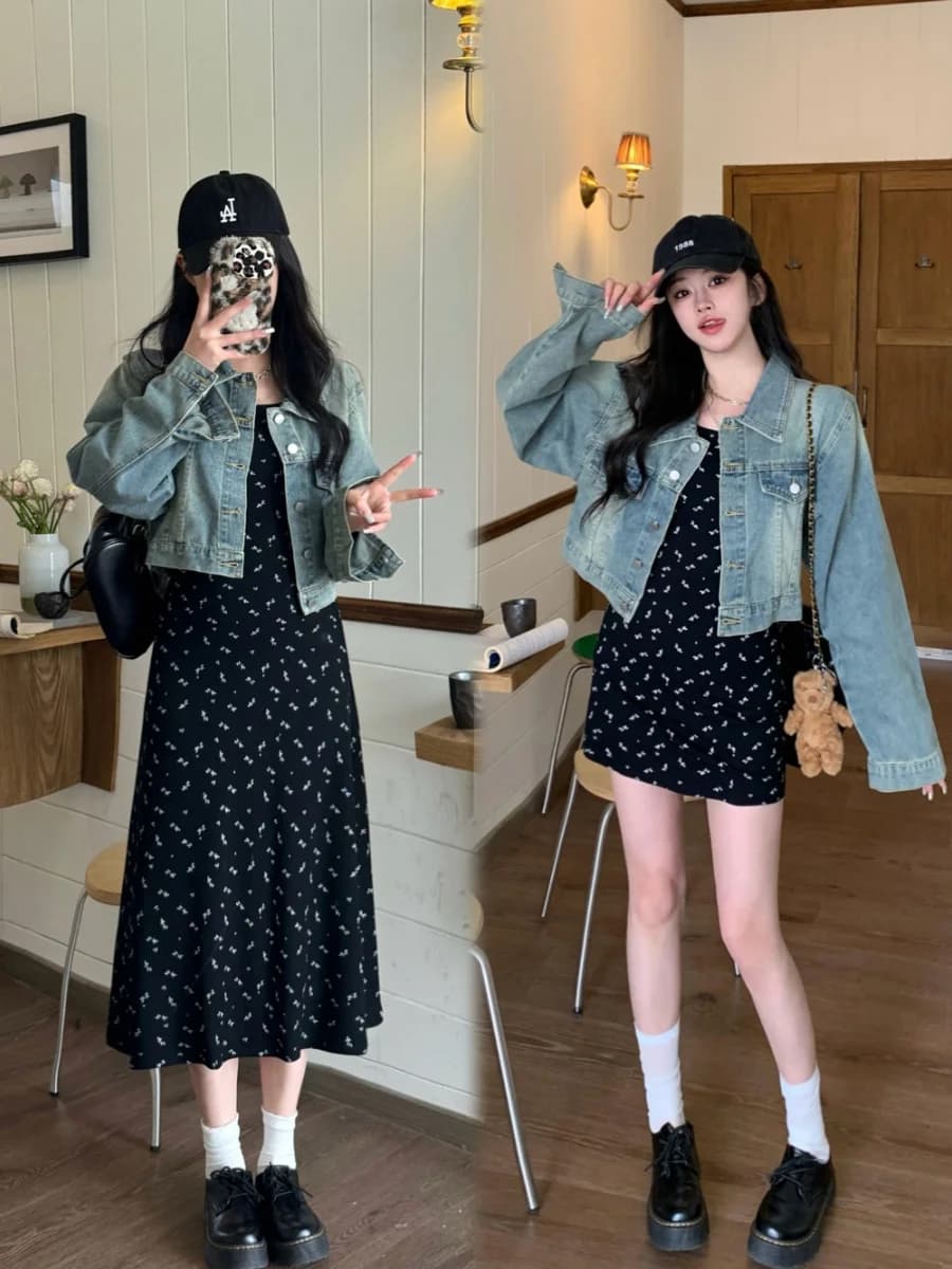 plus Size Fashionable Denim Set Spring 2024 Design Sensation Short Coat Floral Strap Dress A-Line Skirt Korean Style Long Sleeve