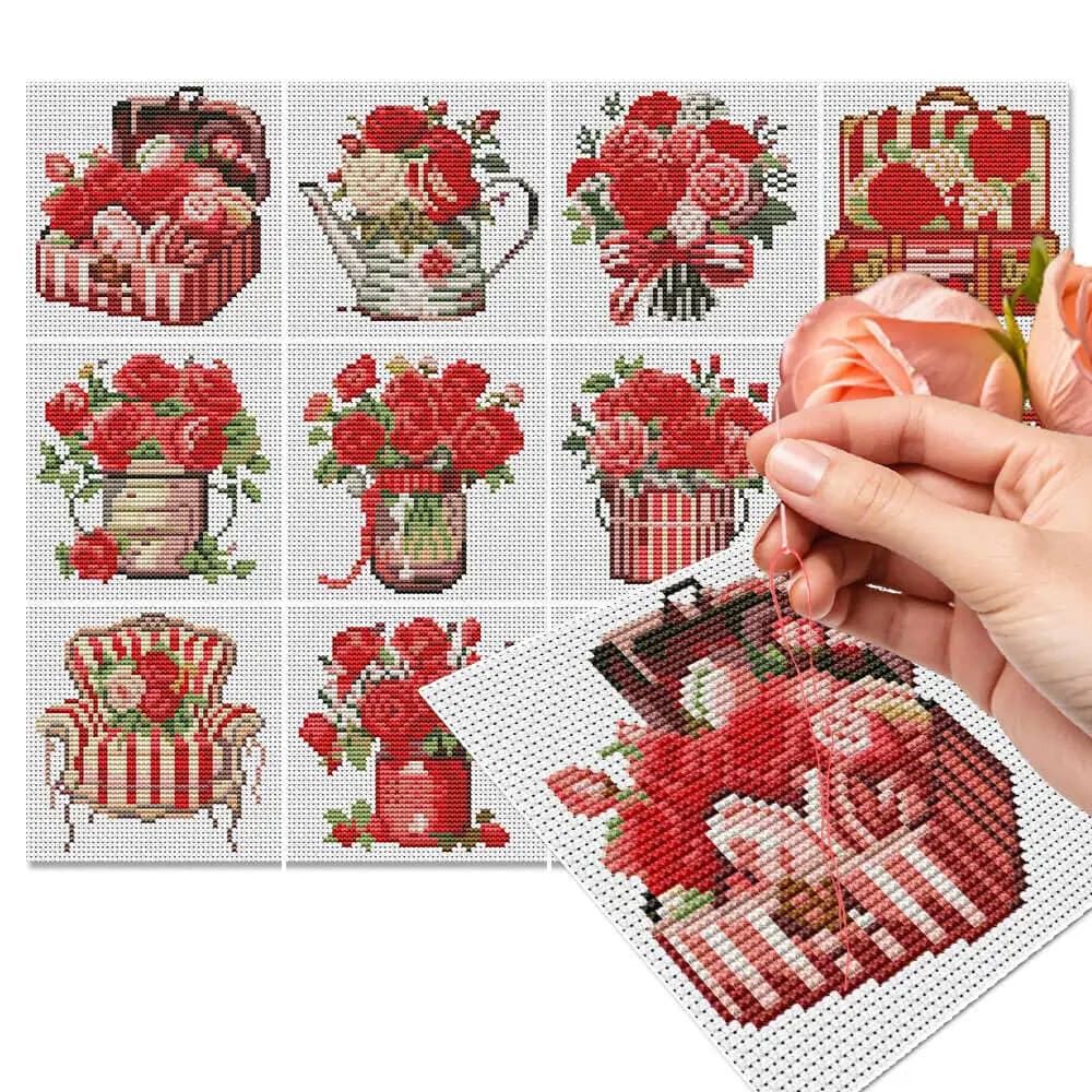 12Pcs Rose Cross Stitch 11Ct Printed Fabric Embroidery Flower Needlework Cotton Thread Bedroom Decoration Handmade Gift