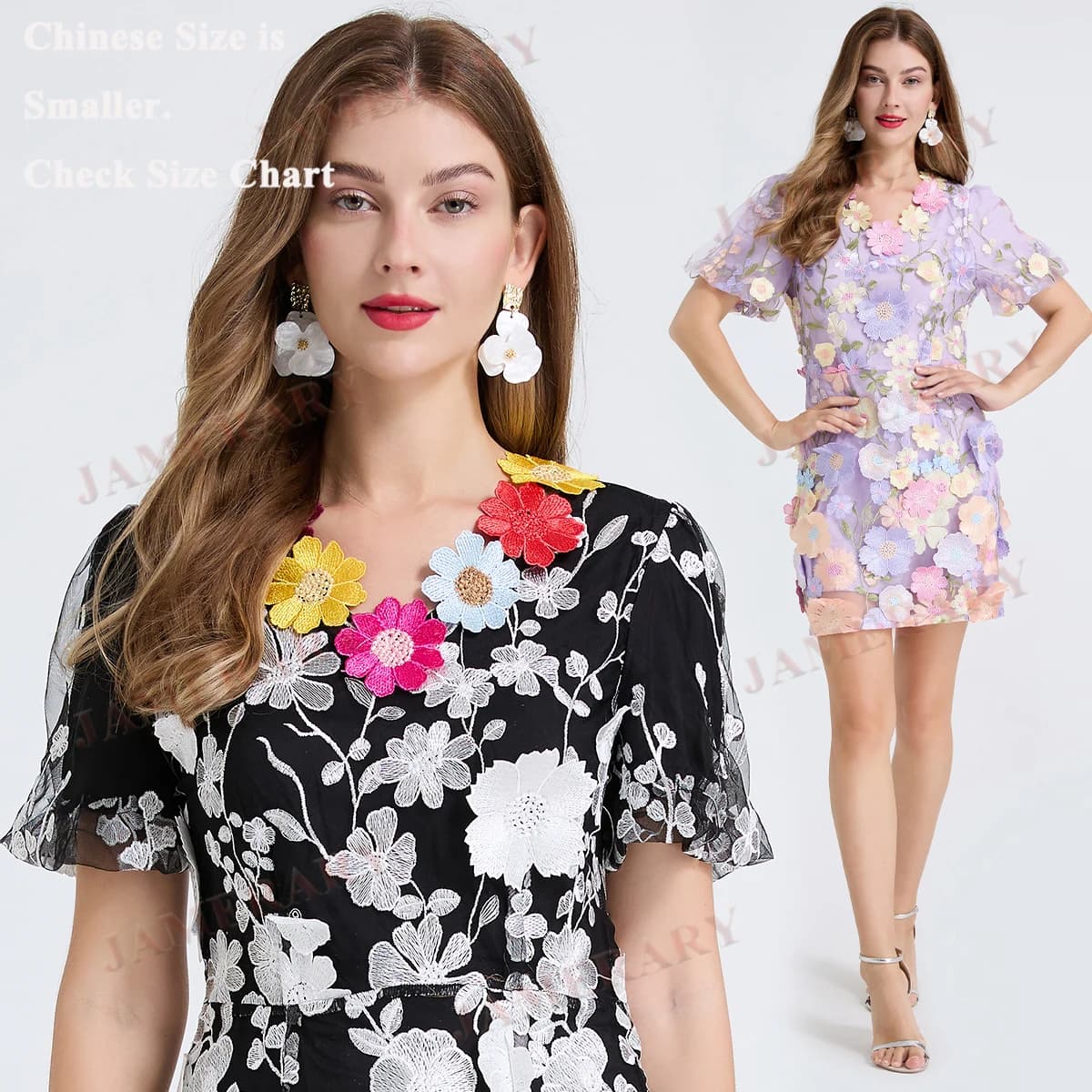 Mini summer dresses in lace with 3D flowers embroidered luxury short woman dress with short sleeves retro sweet fairy birthday party