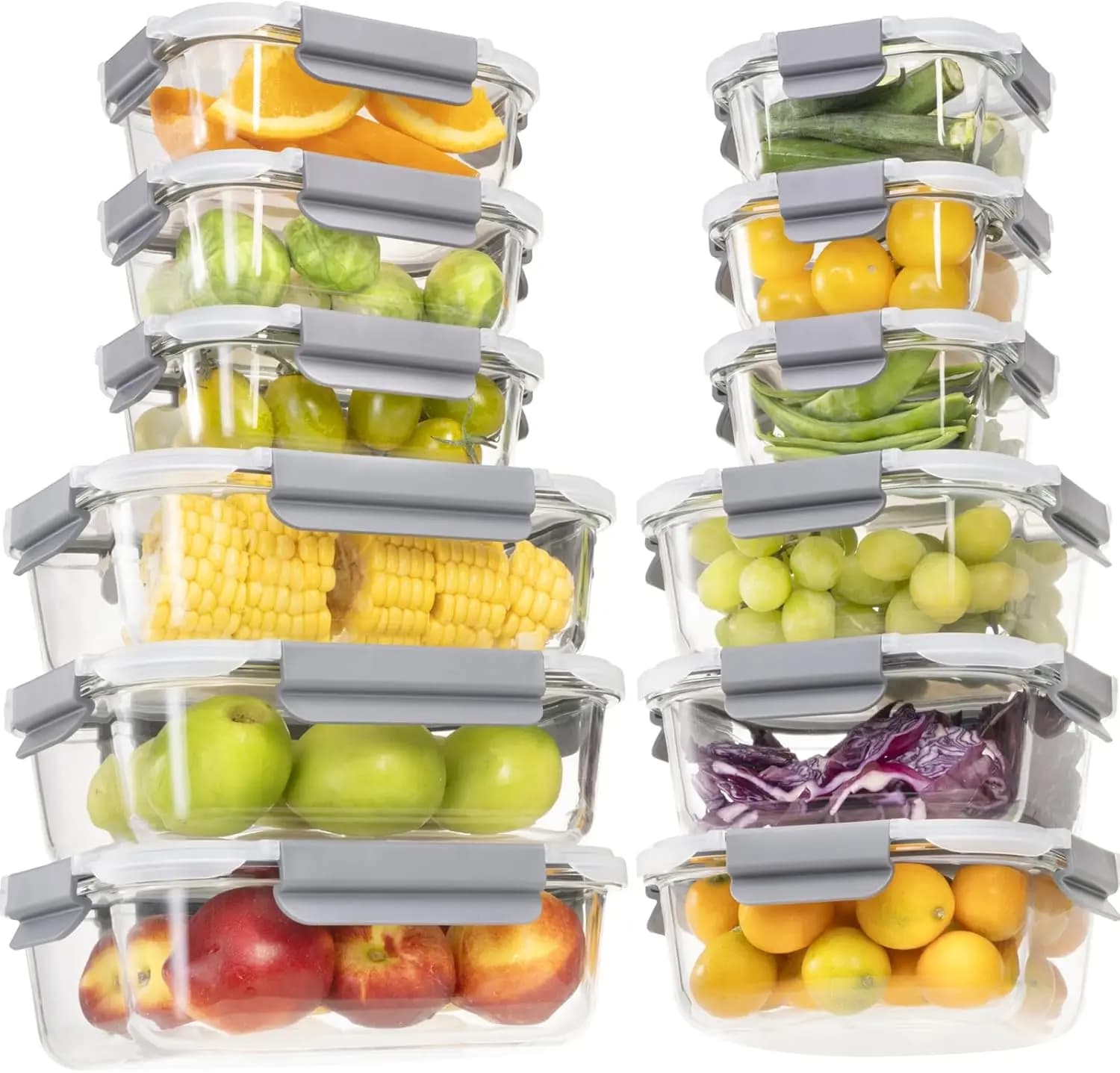 Set di 24 Contenitori in Vetro per Alimenti con Coperchi, Set di Contenitori in Vetro per Preparazione Pasti con Coperchio a Chiusura Ermetica, Contenitori in Vetro per Pranzo
