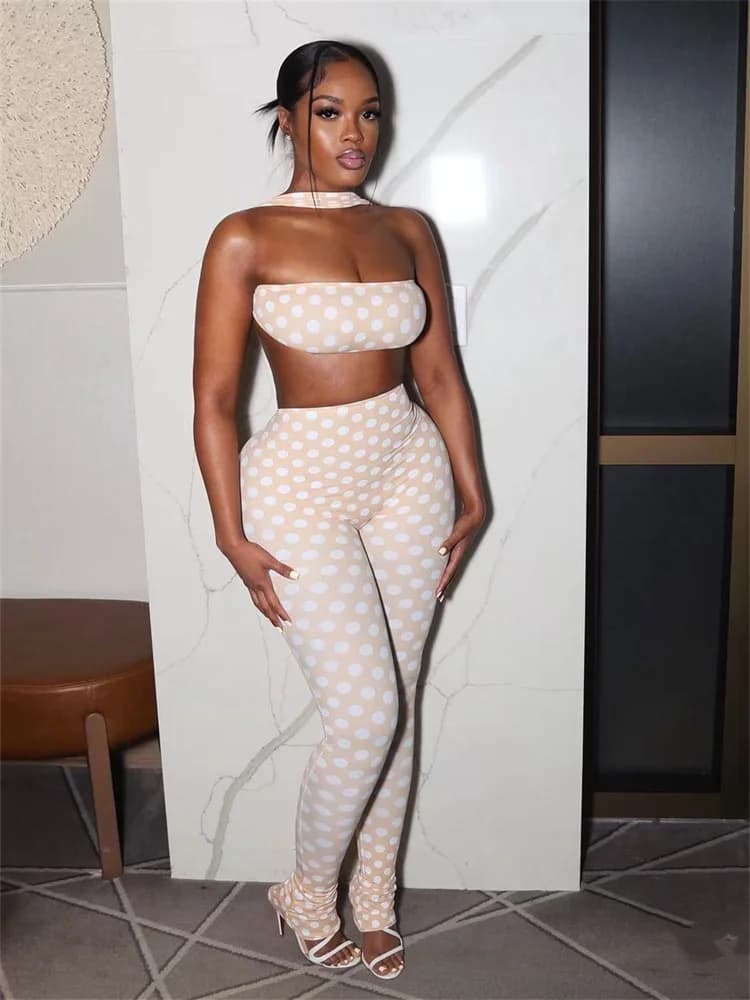 Strano Puss Hottie Polka Dot Set da 2 pezzi Donna Halter Petto avvolto Top senza schienale + Pantaloni alla moda color pesca increspati Stretch Skinny Clubwear