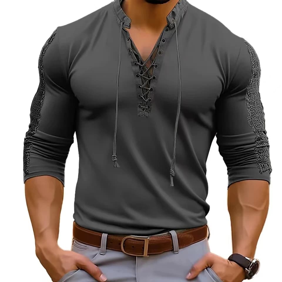 2025 Primavera Autunno Uomo T-shirt Maglia Patchwork Manica lunga Top Tees Solid Lace Up Scollo a V Casual Fondo Camicetta Uomo Tees Top