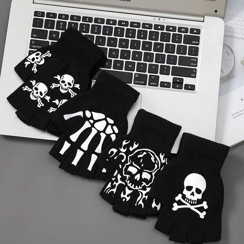 1-4 paia di guanti unisex Halloween scheletro teschio guanti mezze dita bagliore nel buio guanti invernali in maglia elasticizzata senza dita