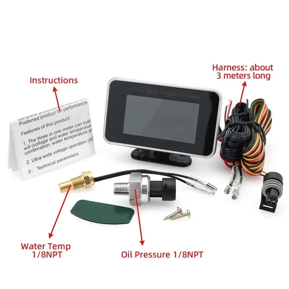 Universal Instrument 9-36V 3-in-1 Car LCD Meter Digital Oil Pressure Sensor Voltage Water Temperature Gauge for Car Truck SUV RV