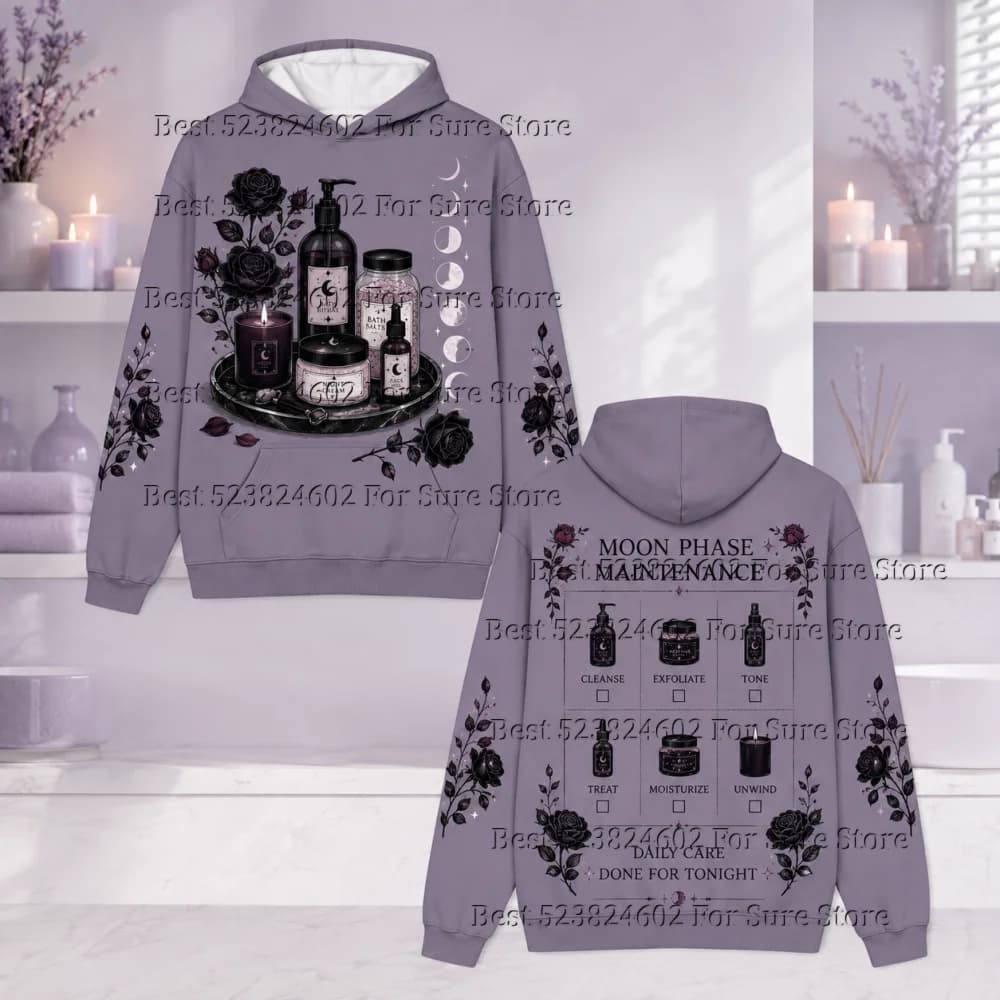 Gothic Aesthetic Moon Phase Maintenance Women Hoodie Black Rose Floral Loose Long Sleeve Street Hooded Sweatshirt Unisex