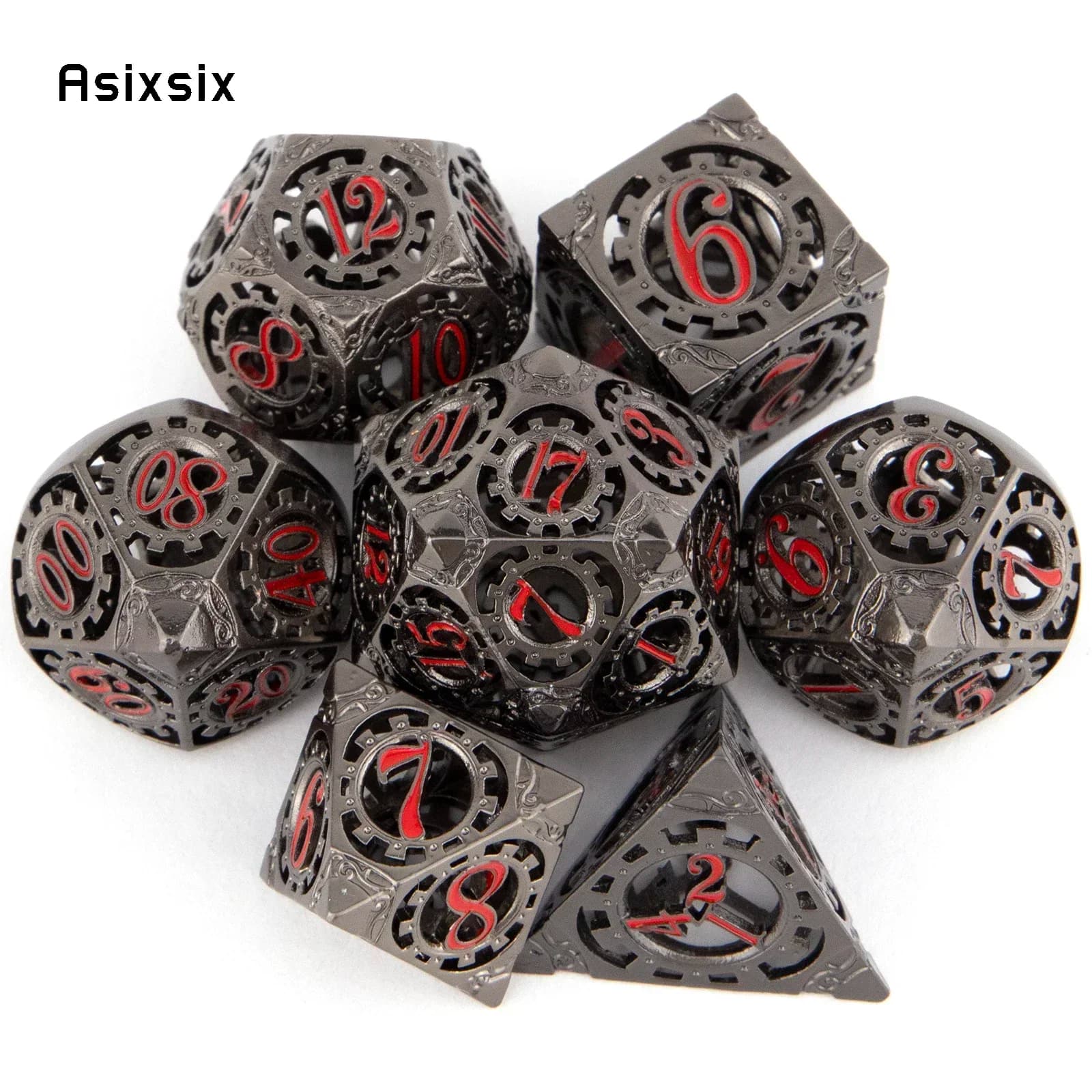 Set di 7 Dadi in Metallo Neri e Rossi con Ingranaggi, Perfetti per Giochi di Ruolo, Giochi da Tavolo e Giochi di Carte. Dadi per Giochi, Set di Dadi D&D