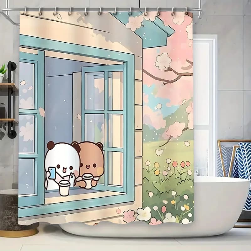 Tenda da doccia con animali simpatici cartoni animati per l'arredamento del bagno: design stravagante di orsi e fiori, impermeabile, durevole, aumenta lo spazio