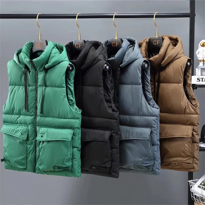 Gilet con cappuccio da uomo Cerniera invernale Gilet con colletto alla coreana caldo Gilet da uomo imbottito in cotone senza maniche con grandi tasche 2025