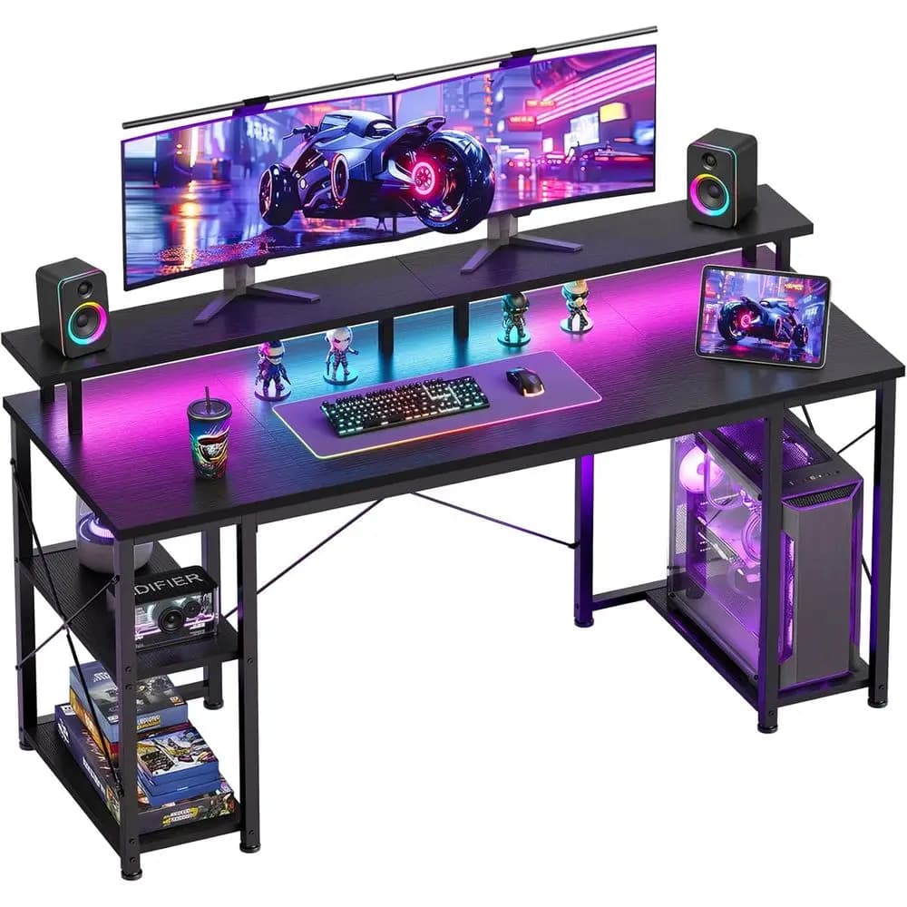 55 Inch Gaming Desk with LED Lights & Storage Shelves, Black | Customizable LED lighting • Raised monitor stand • Dedicated CPta