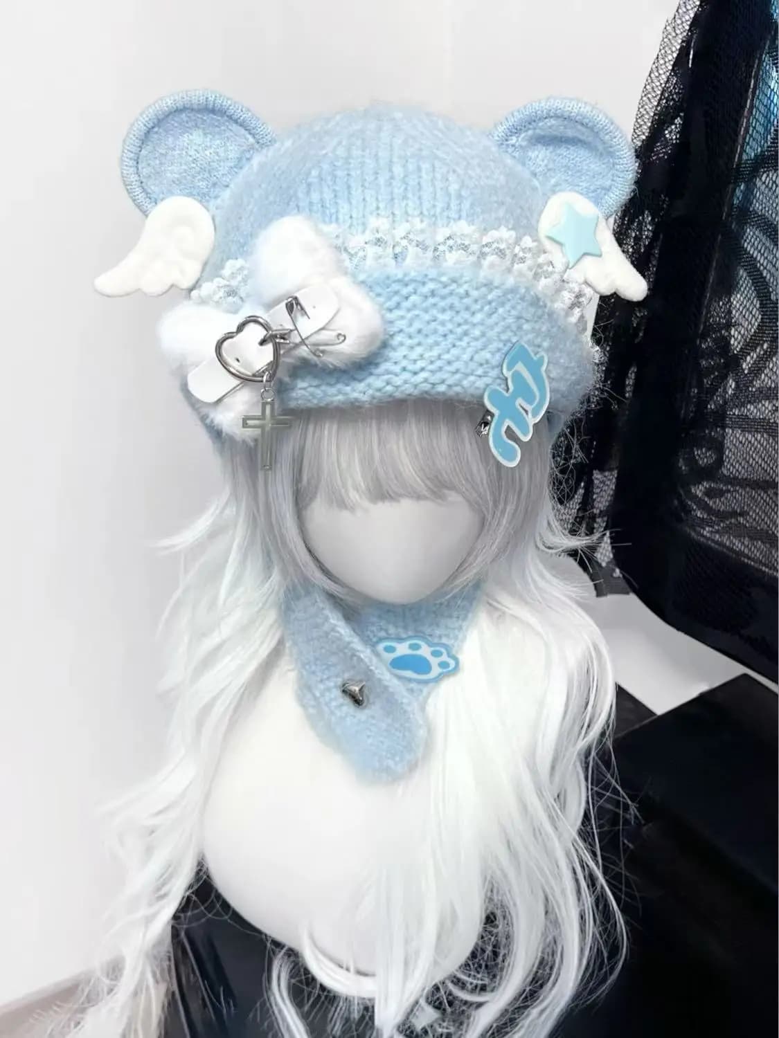 Kawaii Japanese Girl Hat Harajuku Bear Ear Caps Y2K Gothic Punk Autumn Warm Lace Angel Wing Kniined Hat Keep Warm Scarf Beanie