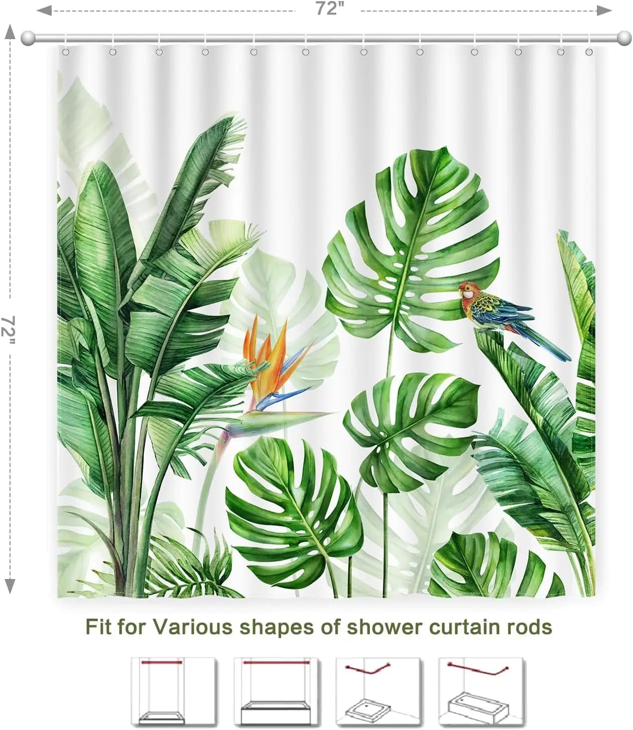 Tenda da doccia con piante tropicali, tenda da doccia estiva Foglia verde Monstera con uccello, tessuto in poliestere Tenda da doccia impermeabile S