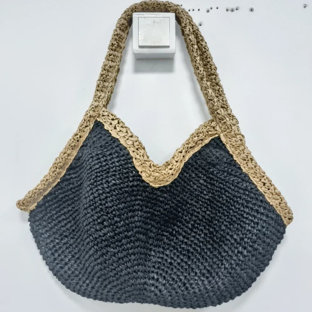 Colorblock Straw Woven Tote Bag,Women Summer Seaside Beach Boho Black Brown Color Contrast Shoulder Bag,Lightweight Handbag