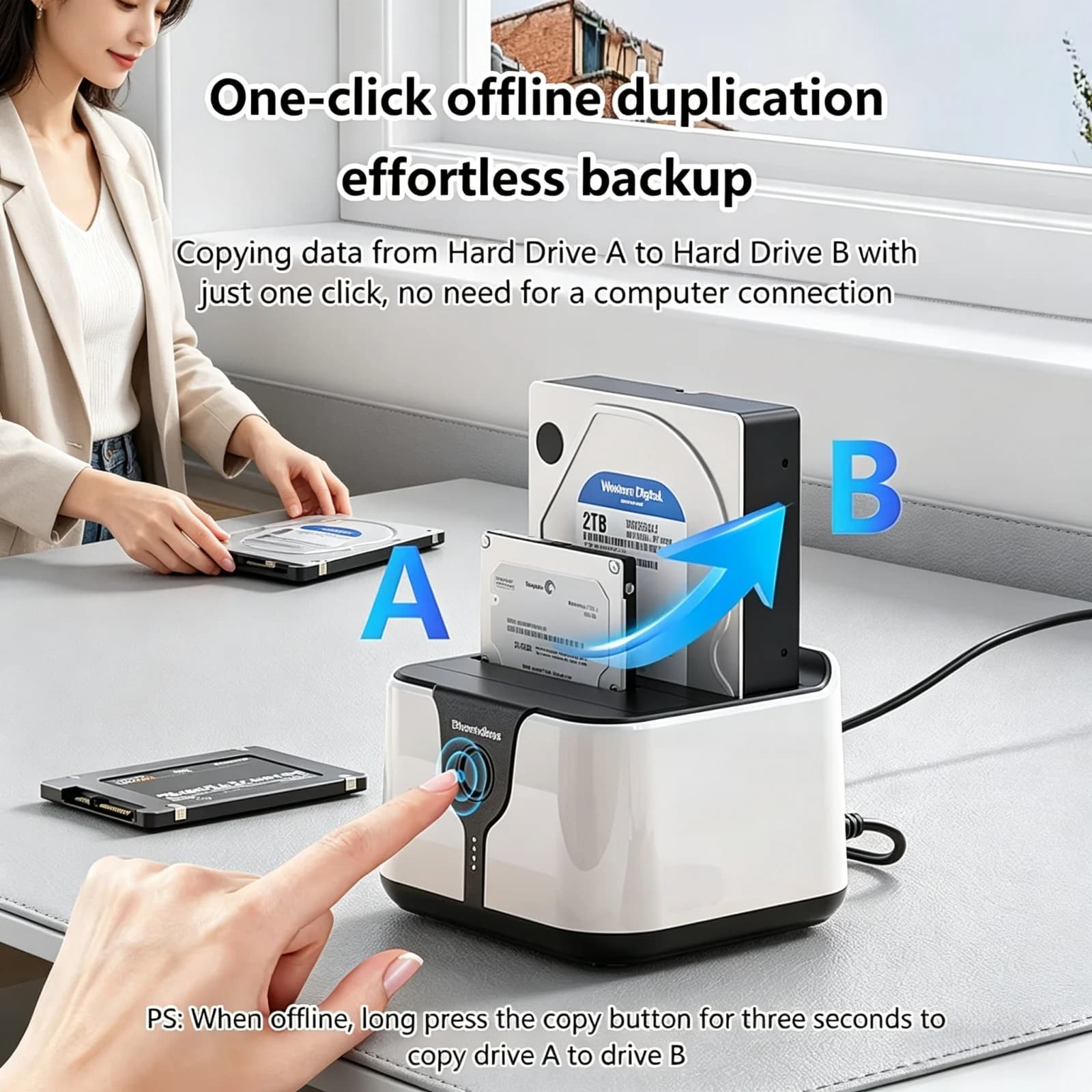 Docking Station Clone HDD Offline a Doppia Baia 2026, Adattatore SATA a USB 3.0, Box Case per HDD a 2 Baie per Dischi SSD/HDD da 2.5 e 3.5 Pollici