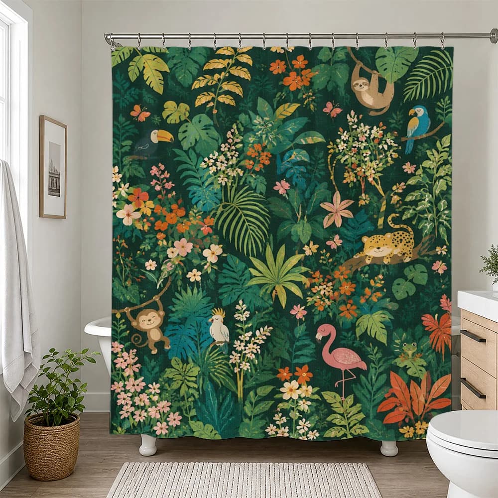 Vibrant Tropical Jungle Shower Curtain Botanical Print Bathroom Decor Curtain for Modern Home Bathroom Shower Curtain
