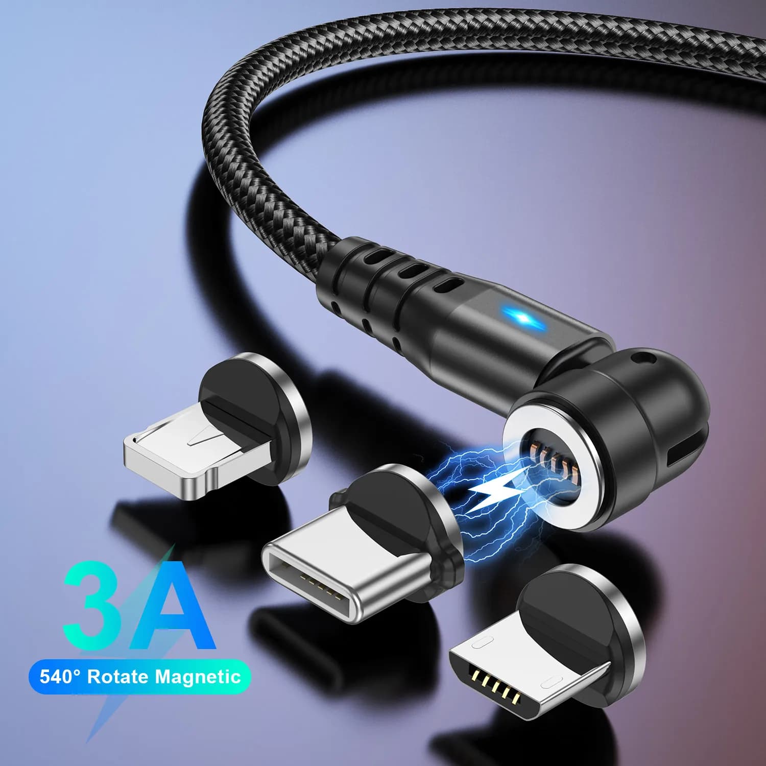 USLION 540 Ruota 3A Cavo magnetico Ricarica rapida Micro USB Tipo C Cavo per iPhone Xiaomi Samsung Cavo di ricarica Cavo USB