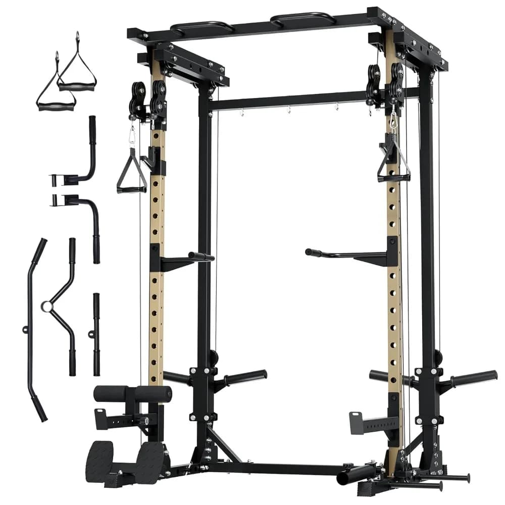 Multi-Function Home Gym Power Rack with Dual Pulley System, Pull-Up Bar & J-Hooks, Heavy-Duty Steel Frame, 2500lbs, Custom