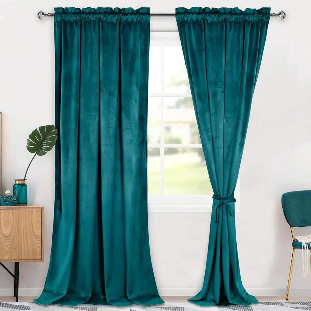2 Panels Teal Velvet Curtains Blackout Thermal Insulated Solid Soft Curtains Rod Pocket Room Darkening Window Drapes With