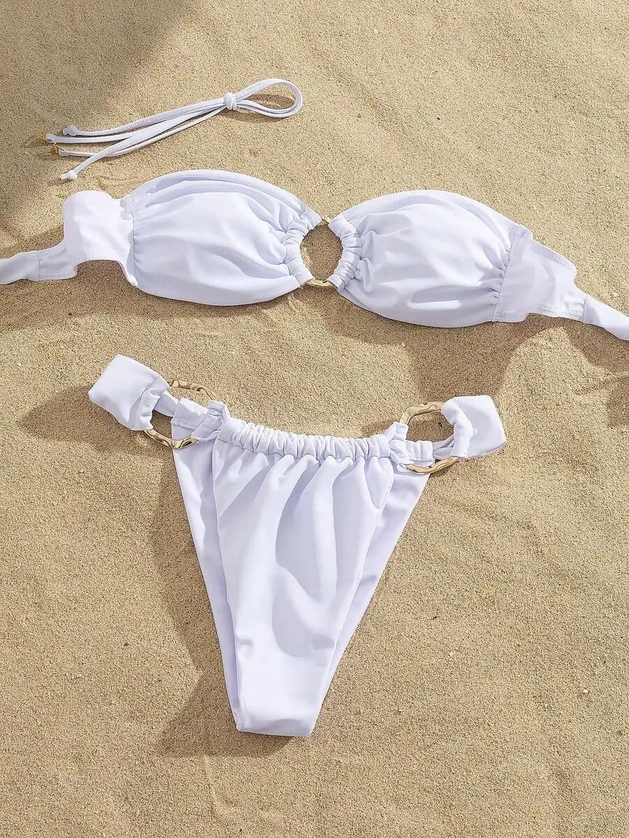 Women Solid Color Bandeau Bikini Set With Tie Back High Stretch Fabric For Beach Party Festival