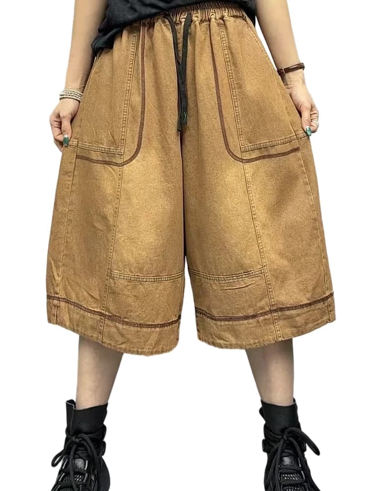 Amax luluE Pantaloncini di jeans alla moda estiva Jeans casual larghi da donna Pantaloni larghi in vita elastica da donna Pantaloni solidi vintage di lusso