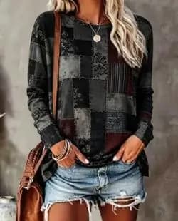 Women's Boho Tribal Top Orange Green Geometric Print Long Sleeve T Shirt