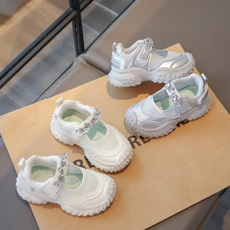 Girls Tennis Shoes Mesh Hollowed 2026 Summer New Children Solid Color Rhinestones Sports Shoes Kids Princess Sneakers