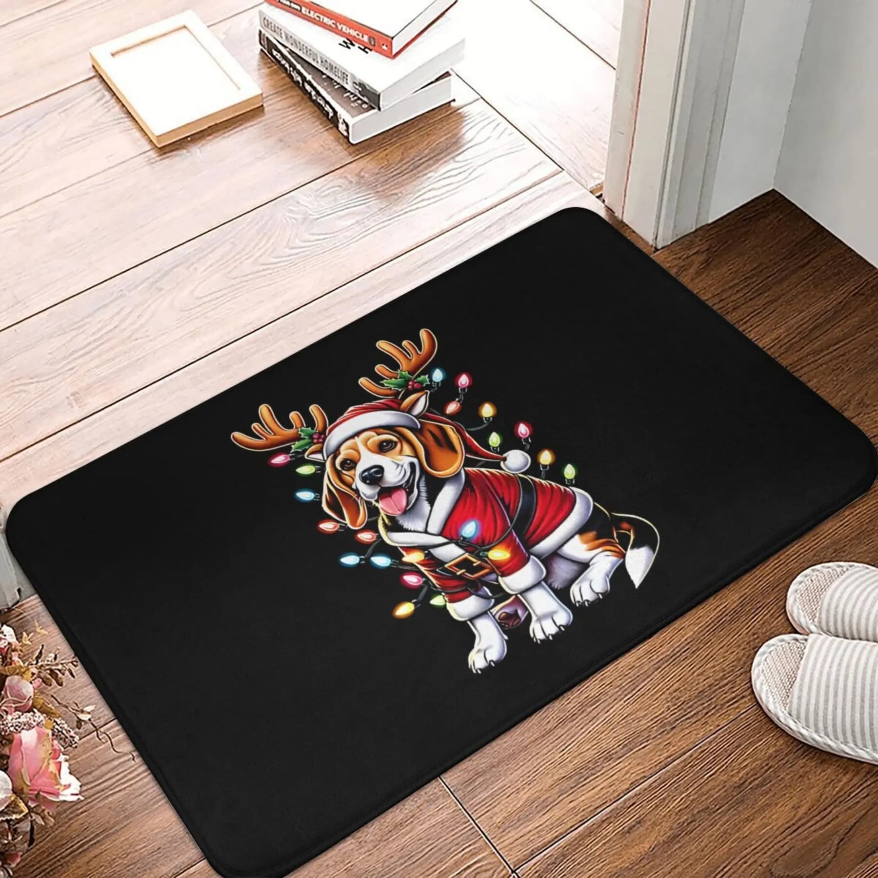Santa hat beagle with reindeer horn and lamp doormat, Christmas themed print, indoor bedroom carpet