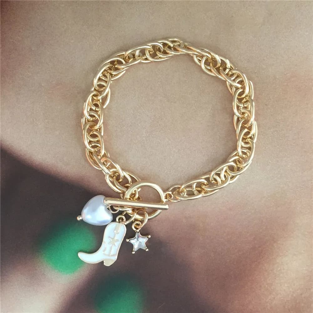 Western Charm Gold Bracelet Chunky Chain with Cowboy Boot Star Heart Charms Trendy Whimsical Statement Jewelry