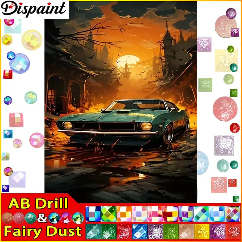 Dispaint Fairy Dust AB Diamond Painting Full Square/Round Diamond "Car Sunset" Pattern Embroidery Cross Stitch 5D Rhinestone
