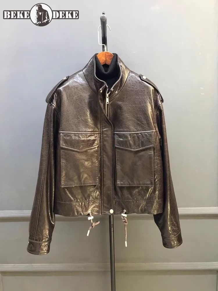 Women Versatile Genuine Leather Long Sleeves Stand Collar Buckle Strap Coffee Jacket Sheepskin Pocket Zipper Loose Workwear Coat