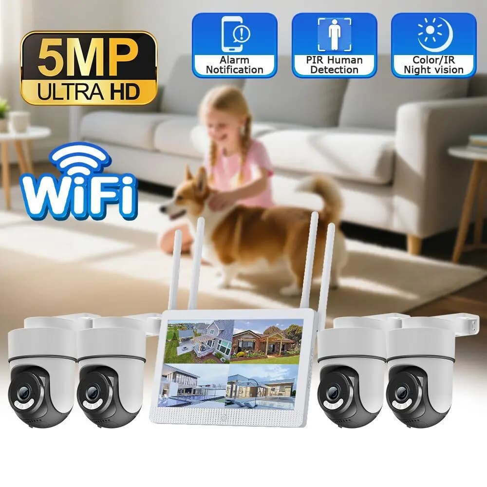 INQMEGA Kit Surveillance System with CCTV IP Cameras, Monitor 10.1\", NVR 4 Channels, Night Vision, P2P Wireless, PTZ Cameras