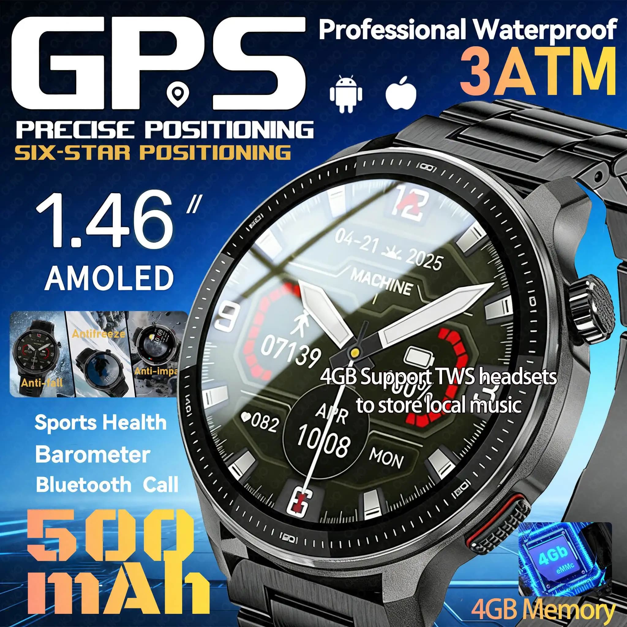 2026 New GPS Super Super Lifespan 3ATM Memory 4GB Battery Impermeable GPS Men Integrated Map High Pressure SmartWatch compass