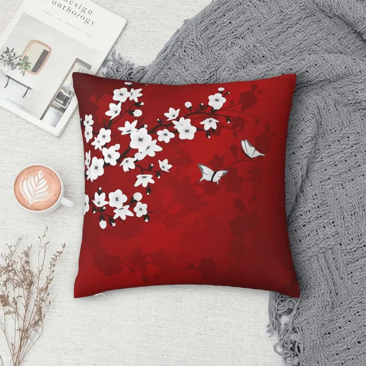 Cherry Blossom Red White Asia Floral Square Pillowcase Pillow Cover Polyester Cushion Decor Comfort Throw Pillow for Home Sofa