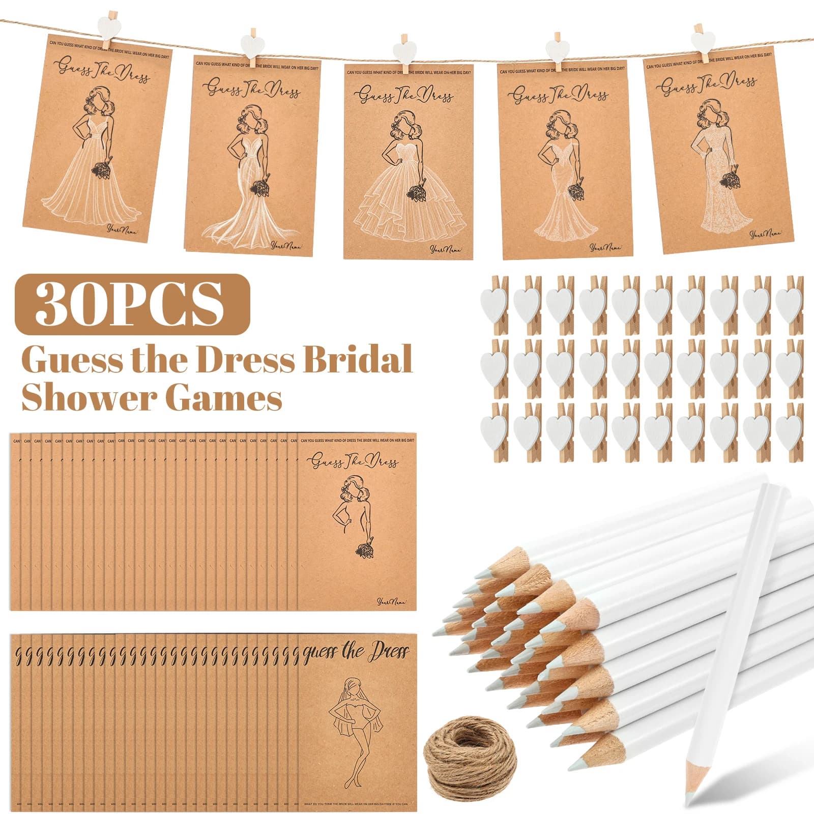 30 Sets Guess The Dress Bridal Shower Game DIY Fun Draw The Dress Bridal Shower Game with Cards Pencils Heart Clips and Ropes