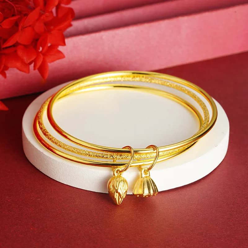 Bracciale chiuso Lotus Seedpod lucido e opaco da donna in oro 24 carati AU999 - Seedpod a doppia trama, conchiglia da polso, adatto per appuntamenti